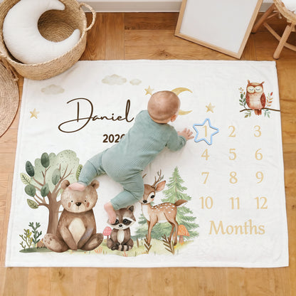Personalized Woodland Cartoon Animal Milestone Soft Throw Blanket with Name Baby Shower Gift for Newborn New Mom