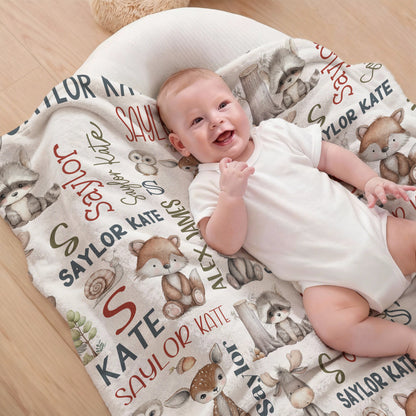 Personalized Cute Hand Painted Animals Soft Throw Blanket with Name and Initial Home Decor Daily Use Birthday Gift for Kids