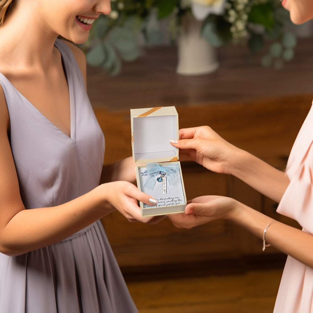 Personalized Blue Crystal Bridal Bouquet Charm with Engraved Text and Card Something Blue Wedding Gift for Bride