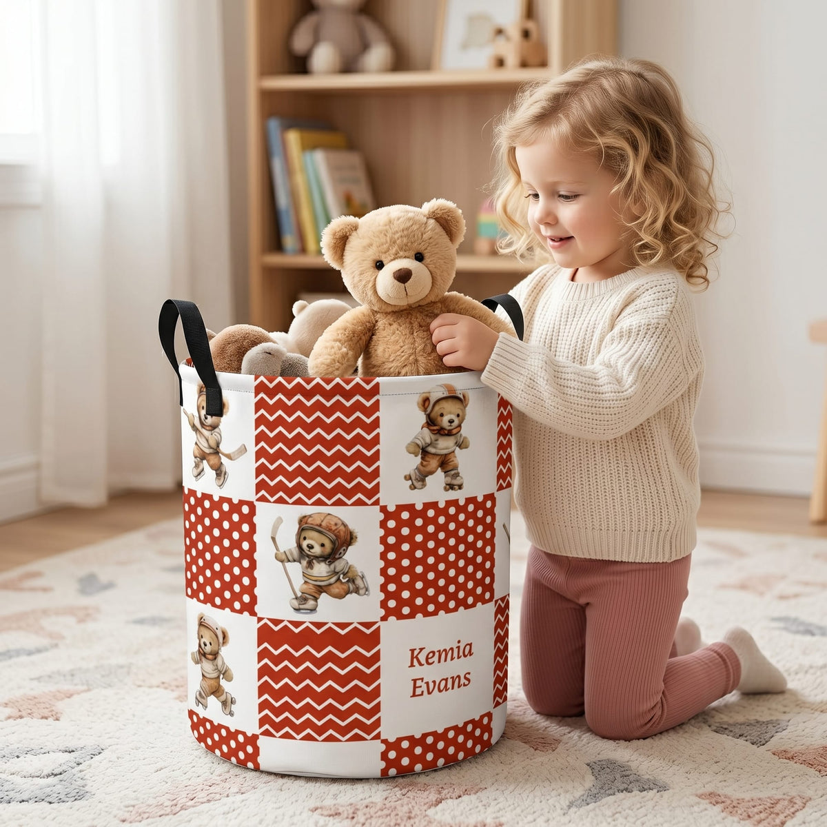 Personalized Sports Teddy Bear Polka Dot Large Capacity Laundry Basket with Name and Handle Nursery Decor Birthday Gift for Kids
