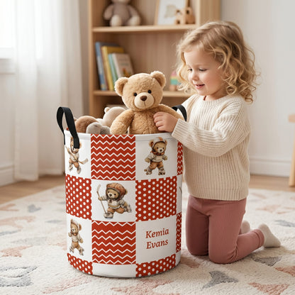 Personalized Sports Teddy Bear Polka Dot Large Capacity Laundry Basket with Name and Handle Nursery Decor Birthday Gift for Kids