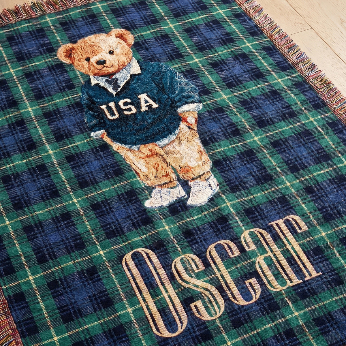 Personalized Plaid Cartoon Teddy Bear Soft Throw Blanket with Tassel and Name Baby Shower Christening Gift for New Parent