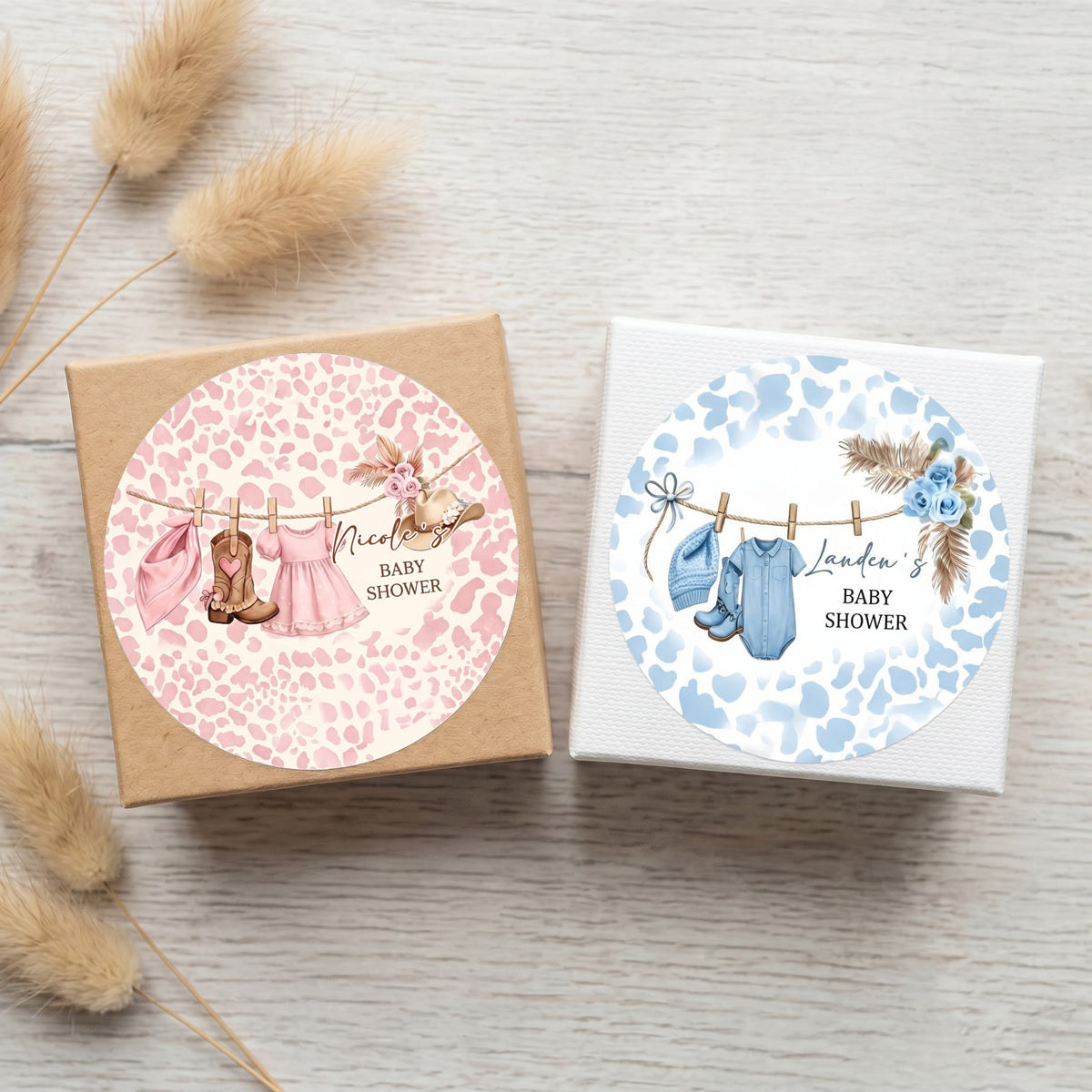Personalized Self-Adhesive Leopard Print Pink Blue Sticker Label with Name Baby Shower Gender Reveal Party Gift for New Baby New Parents
