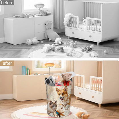Personalized Oil Painting Style Pet Photo Large Capacity Laundry Basket with Name and Handle Nursery Decor Birthday Gift for Pet Owner Lover
