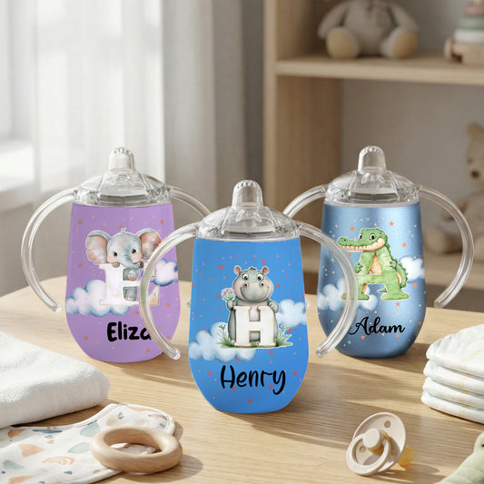 Personalized Cute Animal Initial 10 oz Insulated Sippy Cup with Name and Handle Baby Shower Birthday Gift for Toddler Kid