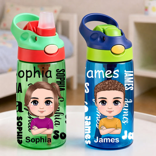 Personalized Cartoon Character Word Cloud 16 oz Water Bottle with Name and Silicone Straw Birthday Back to School Gift for Boys Girls
