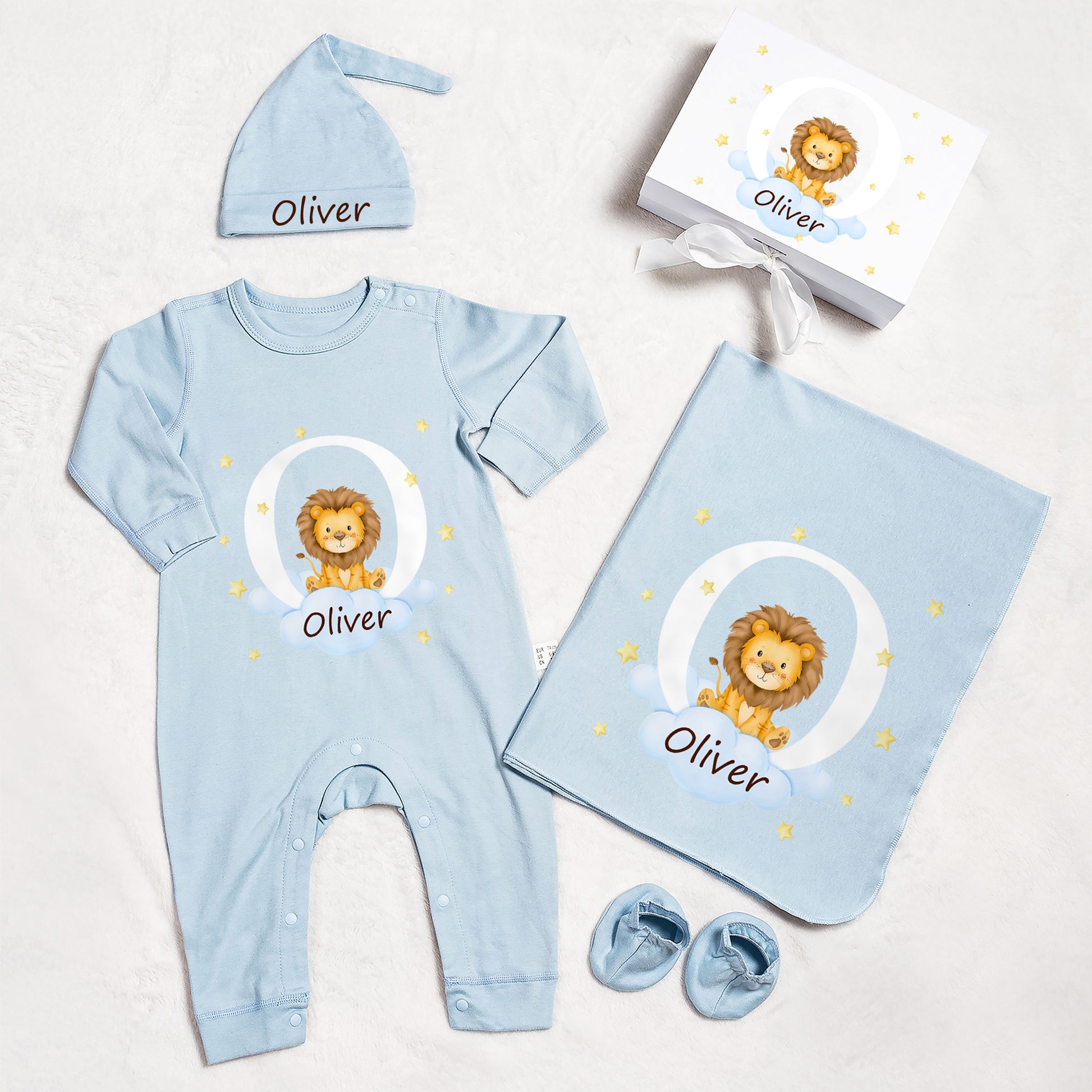 Personalized Cute Animal Star 100% Cotton Baby Romper Hat Blanket Outfit with Name and Gift Box Baby Shower Coming Home Gift for Newborn