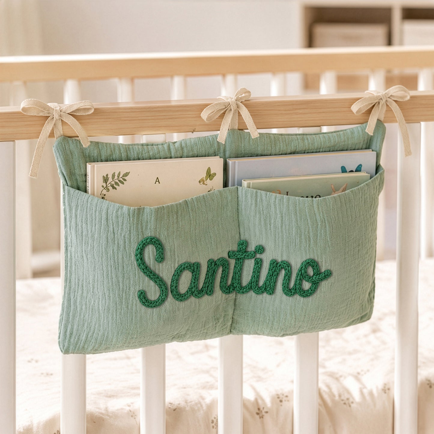 Personalized Soft Cotton Linen Hanging Storage Bag with Knit Name Car Seat Organizer & Crib Nursery Storage Decor Baby Shower Gift for Kids