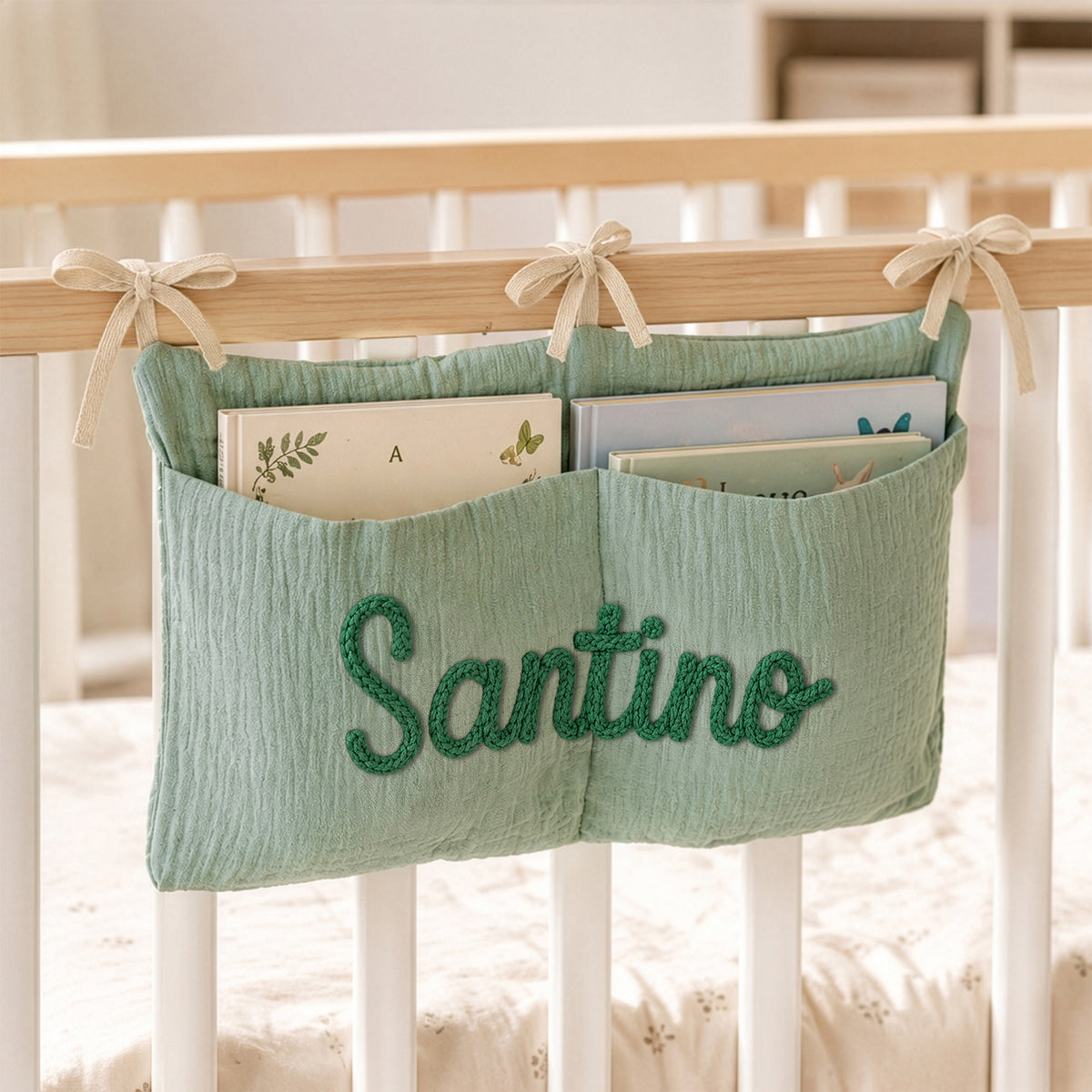 Personalized Soft Cotton Linen Hanging Storage Bag with Knit Name Car Seat Organizer & Crib Nursery Storage Decor Baby Shower Gift for Kids