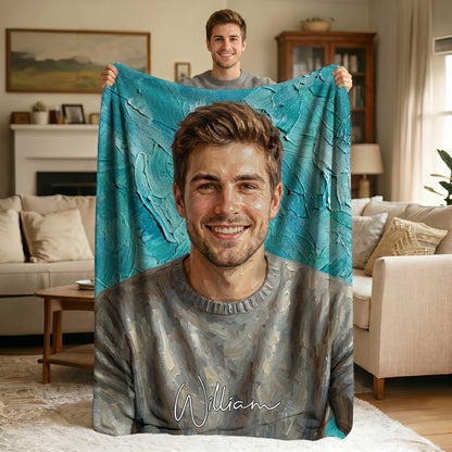 Personalized Oil Painting Style Photo Soft Throw Blanket with Name Home Decor Birthday Housewarming Anniversary Gift for Family Friends