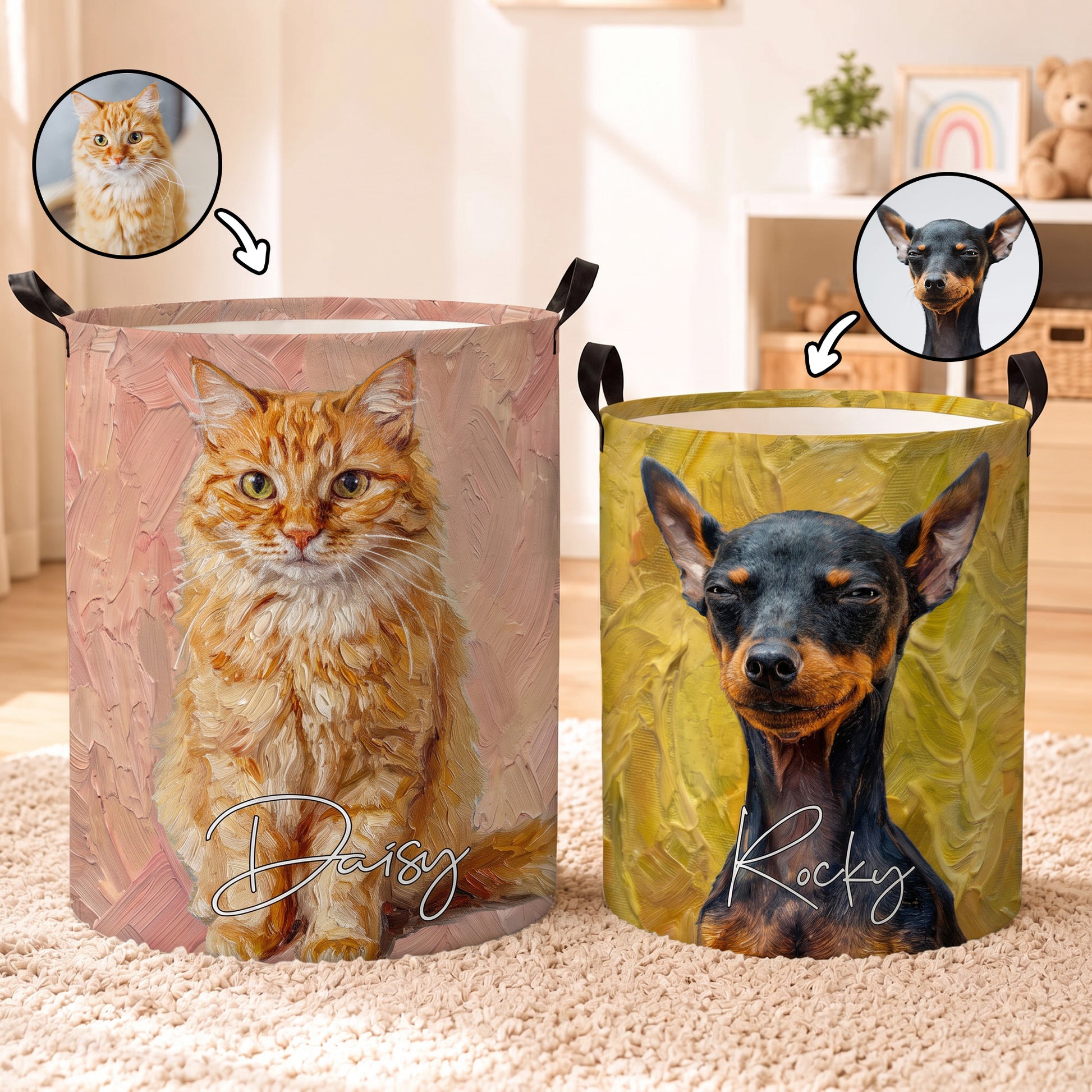 Personalized Oil Painting Style Pet Photo Large Capacity Laundry Basket with Name and Handle Nursery Decor Birthday Gift for Pet Owner Lover