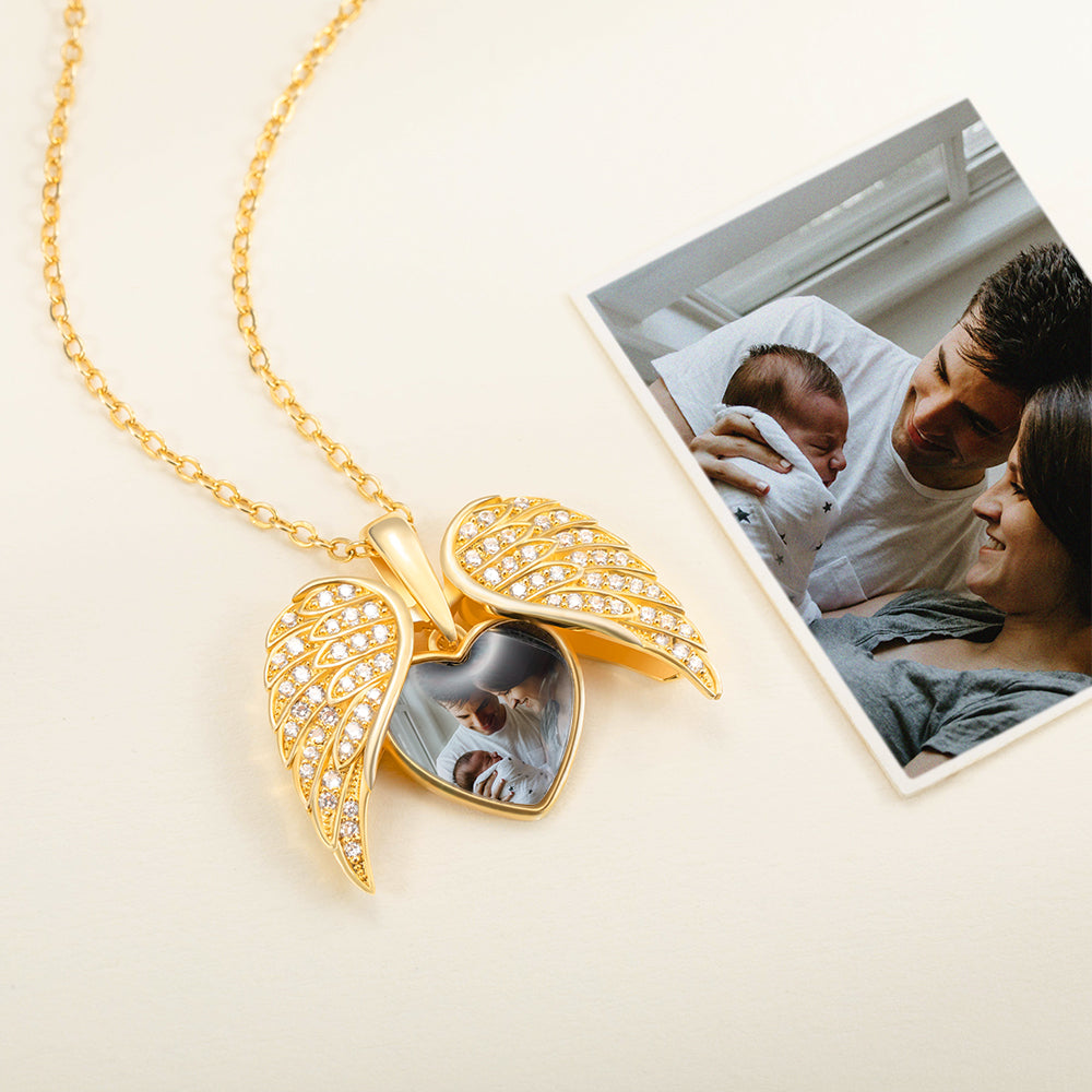 My Guardian Angel Always Close to My Heart - Personalized Sterling Silver Angel Wing Photo Locket Necklace