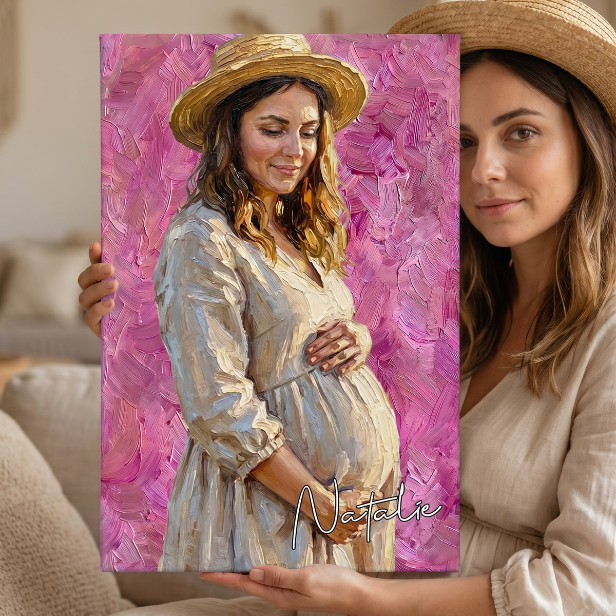 Personalized Modern Oil Painting Style Pregnancy Photo Canvas Prints with Name Home Wall Decor Ship from USA Birthday Gift for Pregnant Woman New Mom