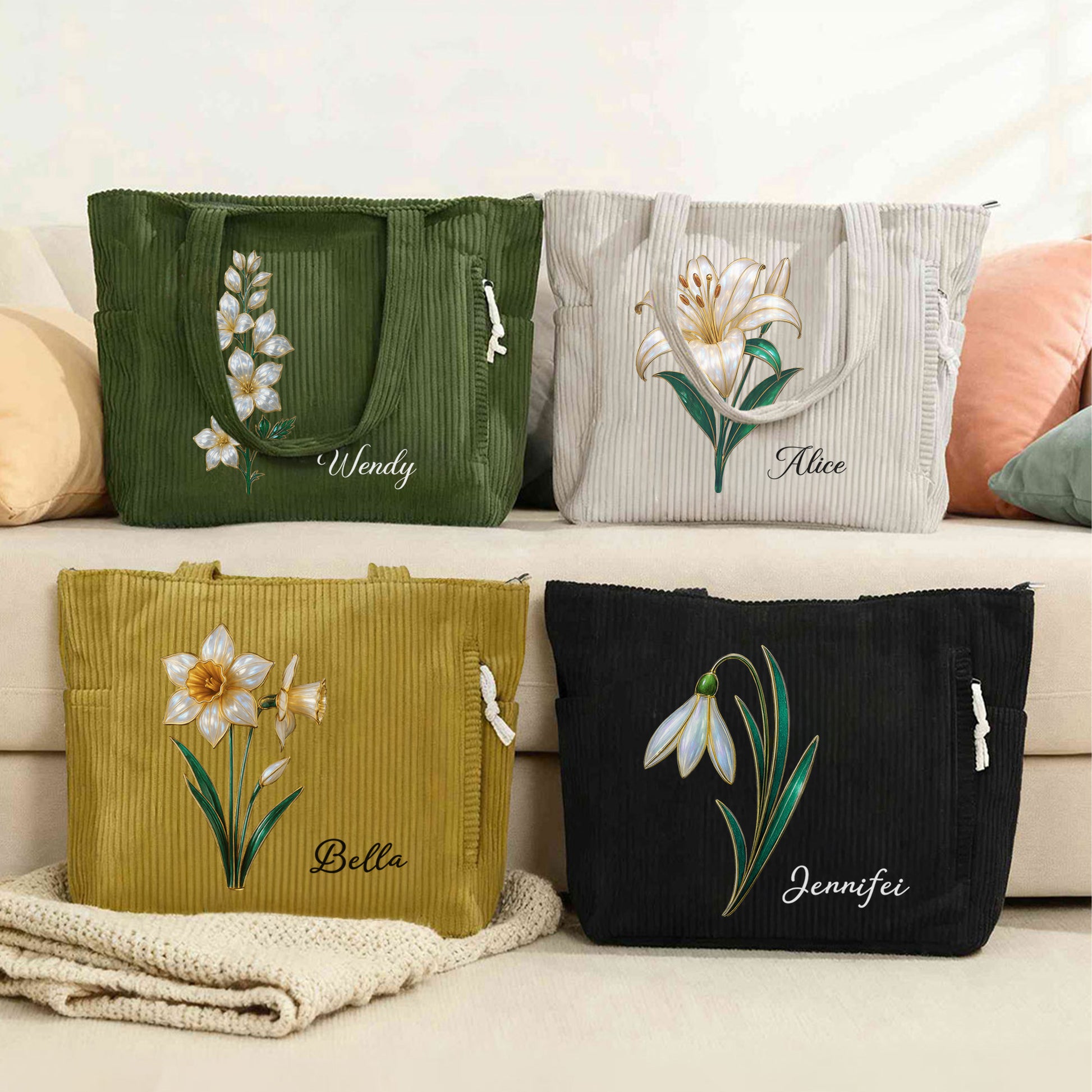 Personalized Birth Flower Large Capacity Corduroy Tote Bag with Name Daily Use Commuting Travel Birthday Gift for Women Office Workers