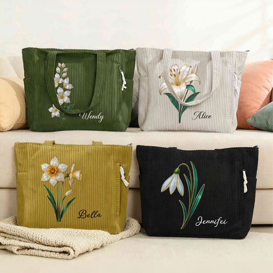 Personalized Birth Flower Large Capacity Corduroy Tote Bag with Name Daily Use Commuting Travel Birthday Gift for Women Office Workers