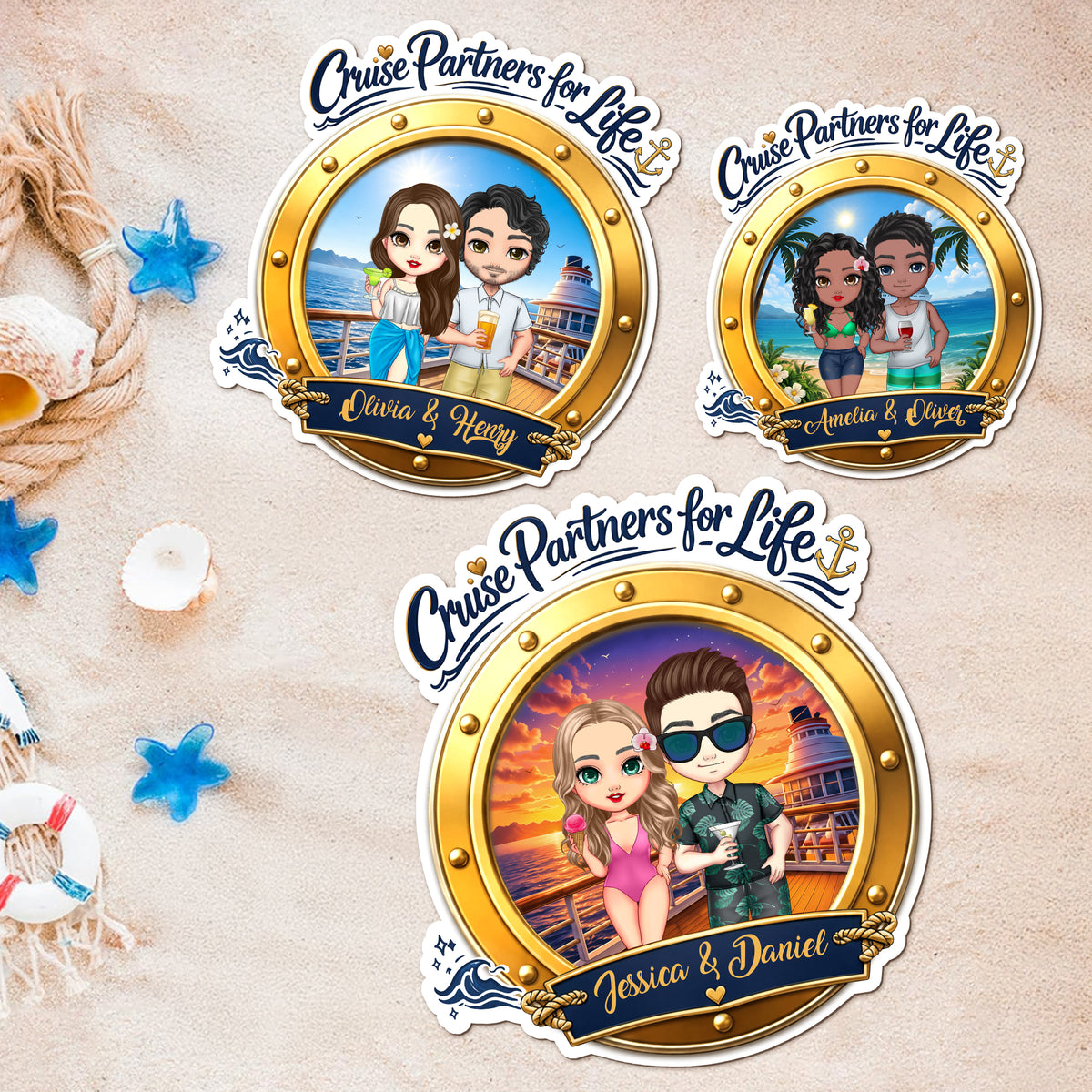 Personalized Cartoon Couple Character Cruise Fridge Magnet with Name Home Decor Birthday Summer Travel Gift for Couple Newlyweds