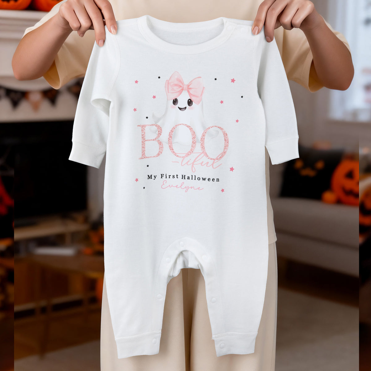 Personalized Cute Ghost Bow Baby Girl Bib Onesie Baby Bodysuit with Name Baby's First Halloween Gift for New Parents