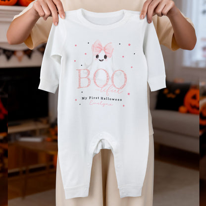 Personalized Cute Ghost Bow Baby Girl Bib Onesie Baby Bodysuit with Name Baby's First Halloween Gift for New Parents