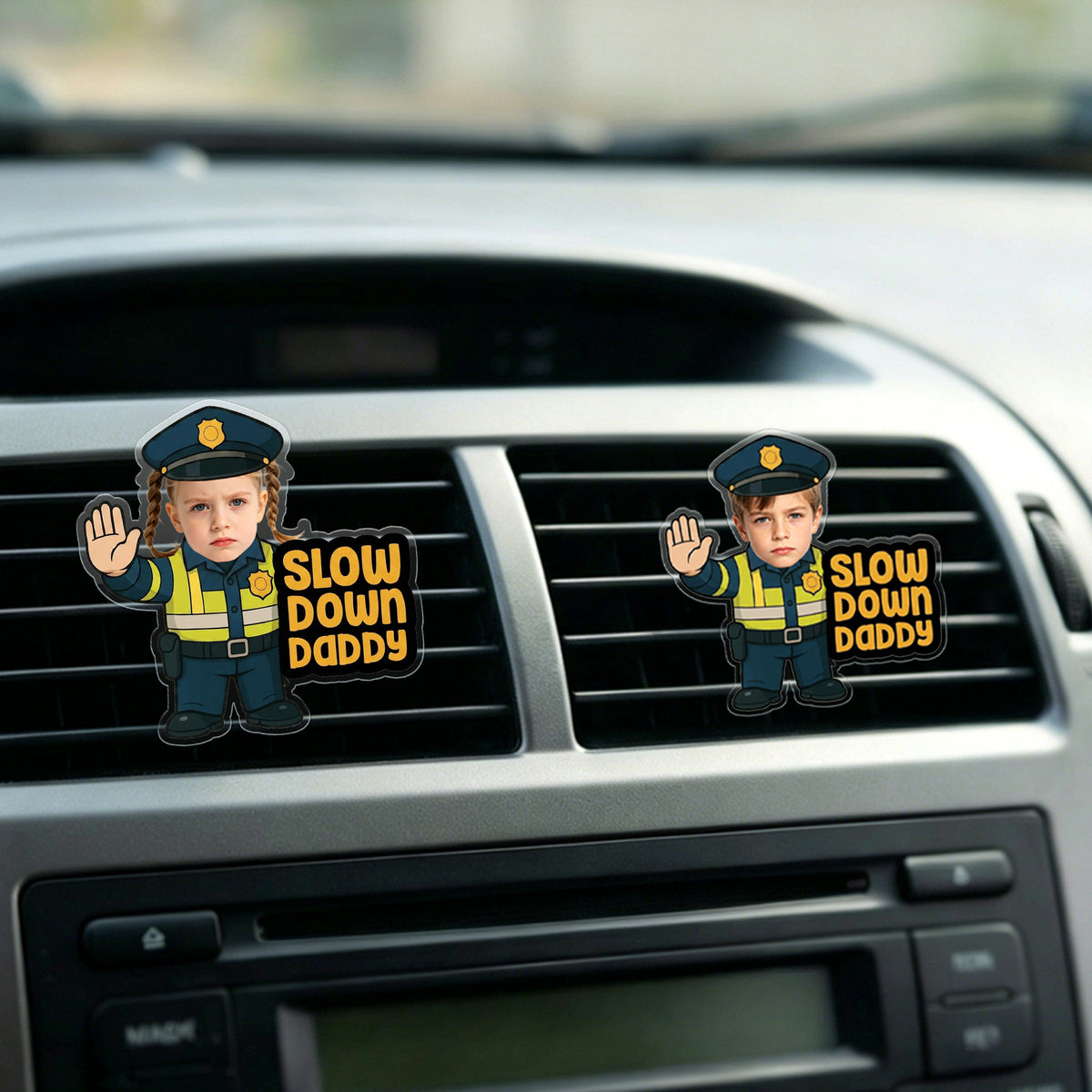 Personalized Little Traffic Police Officer Slow Down Daddy Face Photo Acrylic Car Vent Clip Cute Car Decor Father's Day Birthday Gift for Dad