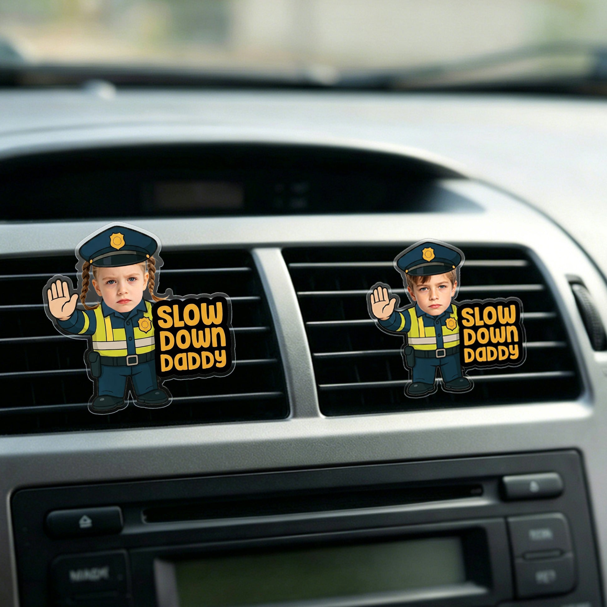 Personalized Little Traffic Police Officer Slow Down Daddy Face Photo Acrylic Car Vent Clip Cute Car Decor Father's Day Birthday Gift for Dad