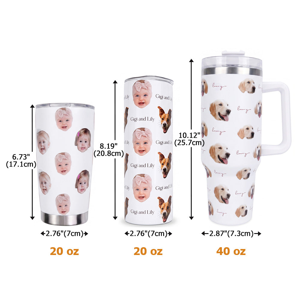 Personalized Cute 1-8 Face Photos 20 oz 40 oz Tumbler with Text and Straw Travel Accessories Birthday Gift for Family Friends