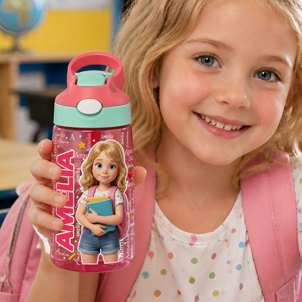 Personalized 3D-Style Design Cartoon Photo 16 oz Kid Water Bottle with Name and Silicone Straw Back to School Birthday Gift for Boys Girls