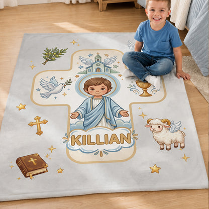 Personalized Virgin Mary & Jesus Cross Soft Warm Throw Blanket with Name Room Decor Baptism Gift for Kid Newborn