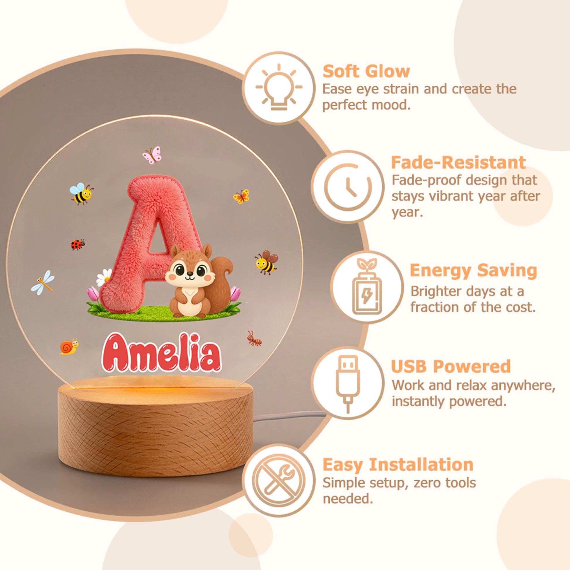 Personalized Cute Animal Insect Initial LED Night Light with Wooden Base and Name Home Decor Back to School Birthday Gift for Children