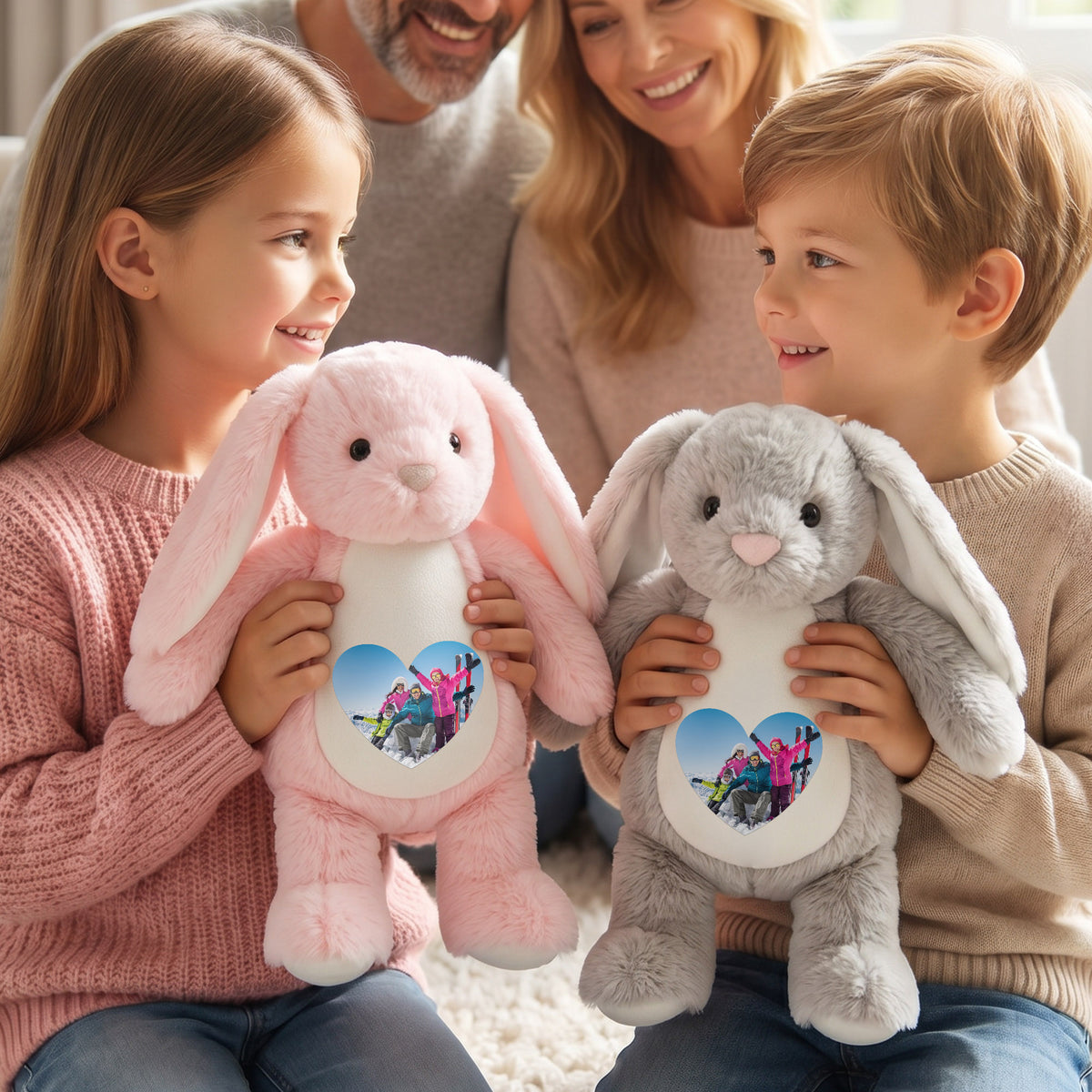 Personalized Cute Cartoon Bunny Bear Plush Toy with Heart Photo Daily Use Birthday Gift for Couple Kids
