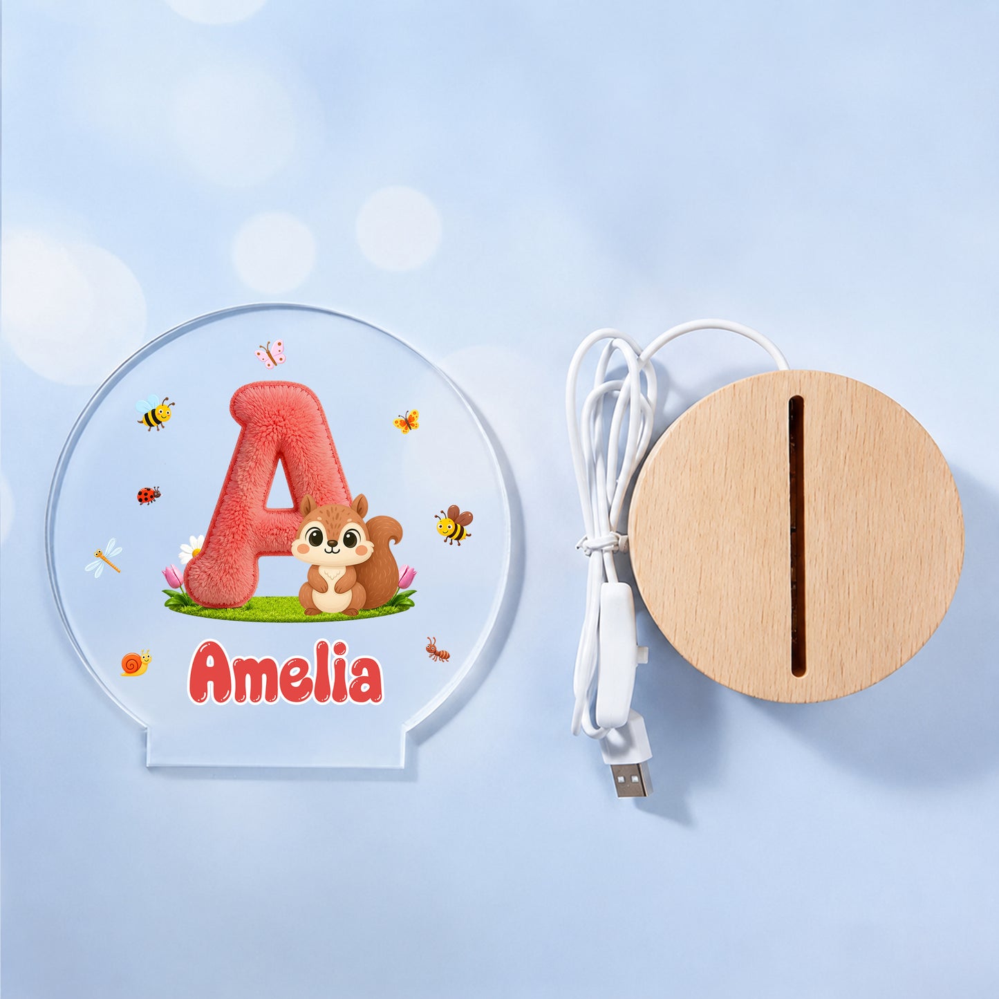 Personalized Cute Animal Insect Initial LED Night Light with Wooden Base and Name Home Decor Back to School Birthday Gift for Children