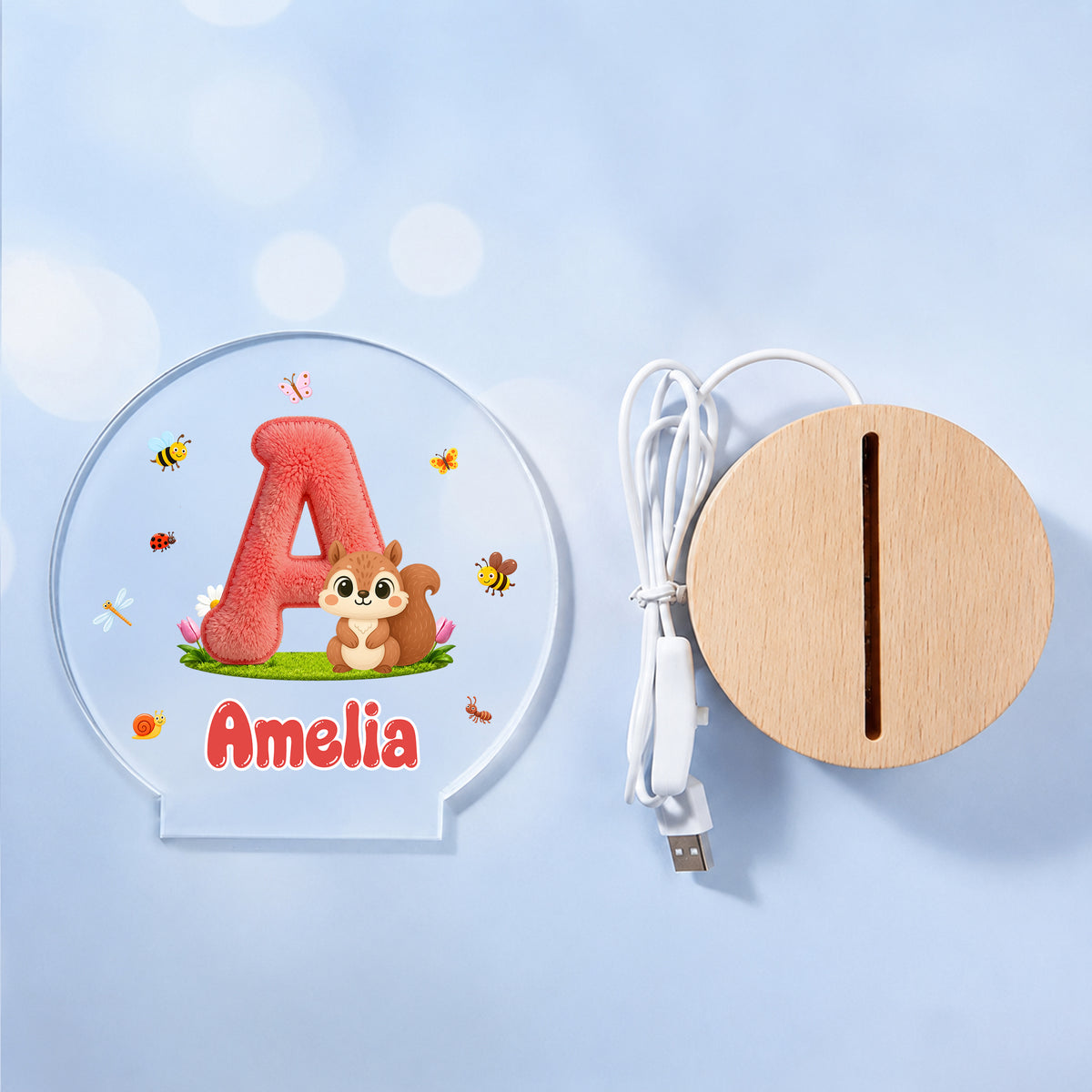 Personalized Cute Animal Insect Initial LED Night Light with Wooden Base and Name Home Decor Back to School Birthday Gift for Children