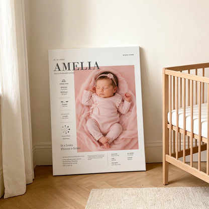 Personalized Modern Baby Photo Birth Information Canvas Prints with Name Nursery Decor Ship from USA Baby Shower Birthday Gift for Newborn New Parent