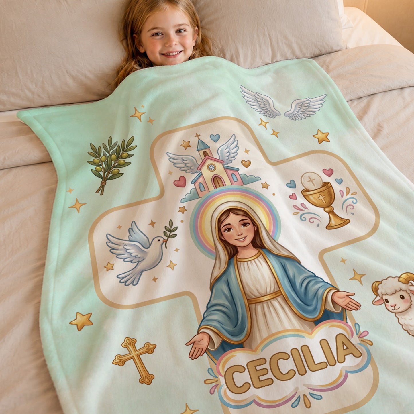 Personalized Virgin Mary & Jesus Cross Soft Warm Throw Blanket with Name Room Decor Baptism Gift for Kid Newborn