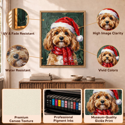 Personalized Oil Painting Style Christmas Hat Dog Cat Photo Large Canvas Prints with Name Home Decor Ship from USA Christmas Gift for Pet Owner Lover
