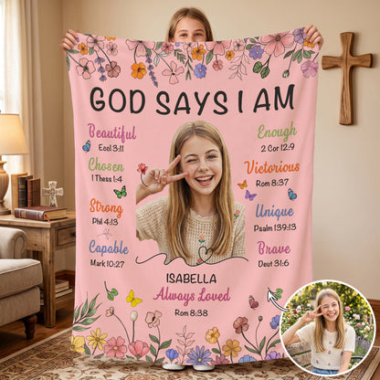 Personalized God Says I Am Thick Paint Illustration Soft Throw Blanket with Photo Text and Name Home Decor Baptism Gift for Christian Believers