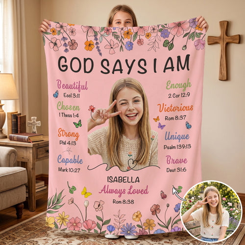 Personalized God Says I Am Thick Paint Illustration Soft Throw Blanket with Photo Text and Name Home Decor Baptism Gift for Christian Believers