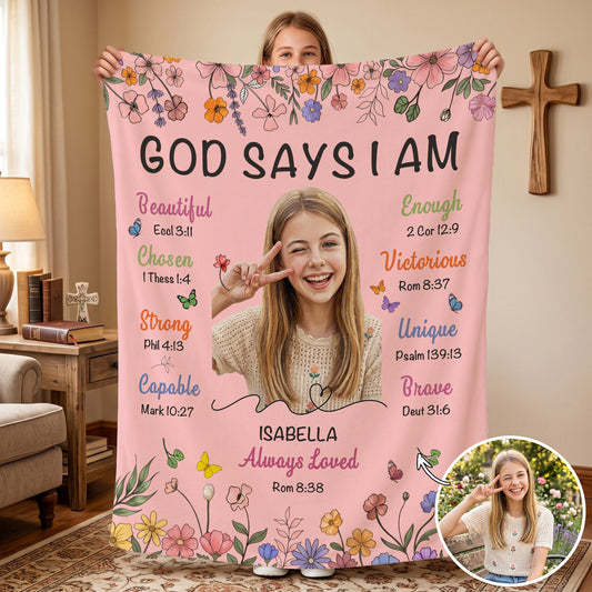 Personalized God Says I Am Thick Paint Illustration Soft Throw Blanket with Photo Text and Name Home Decor Baptism Gift for Christian Believers