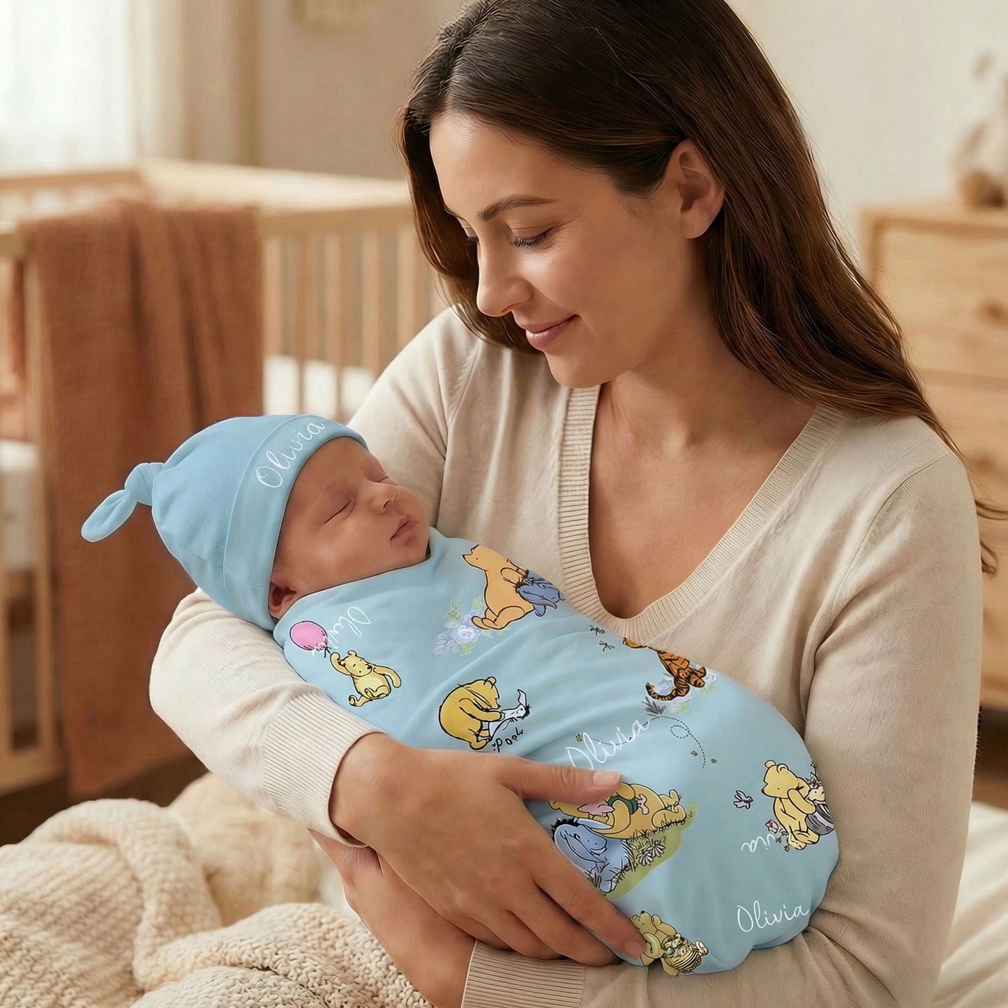 Personalized Classic Winnie the Pooh 100% Cotton Soft Swaddle Hat Set with Name Birthday Baby Shower Gift for Baby Newborn