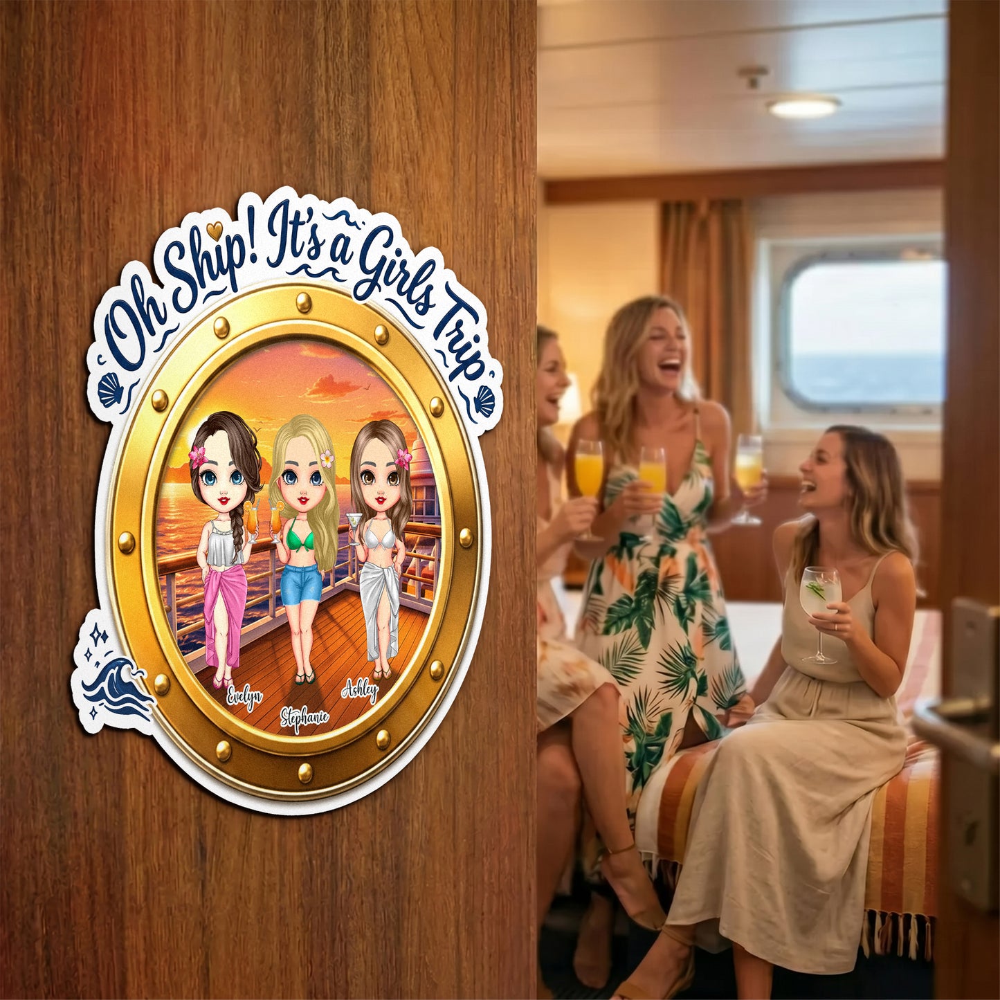 Personalized Girls Trip 2-4 Cartoon Character Cruise Magnet with Name Home Decor Travel Summer Vacation Holiday Birthday Gift for Friends Bestie