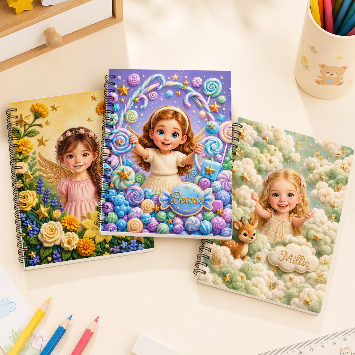 Personalized 3D-Effect Artwork Fantasy Angel Kid Photo A5 Spiral Journal Notebook with Name Daily Use Back to School Birthday Gift for Kids Students