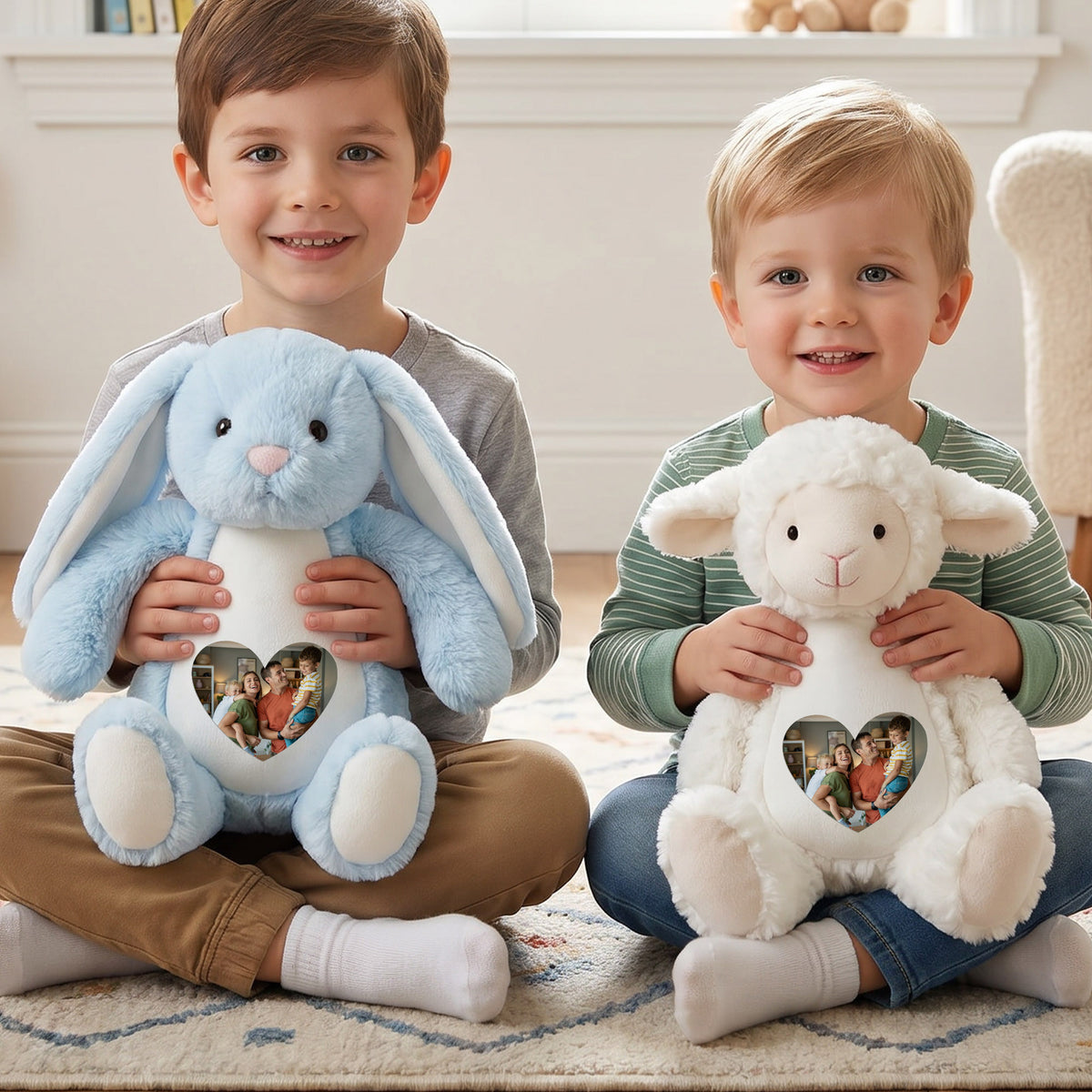 Personalized Cute Cartoon Bunny Bear Plush Toy with Heart Photo Daily Use Birthday Gift for Couple Kids