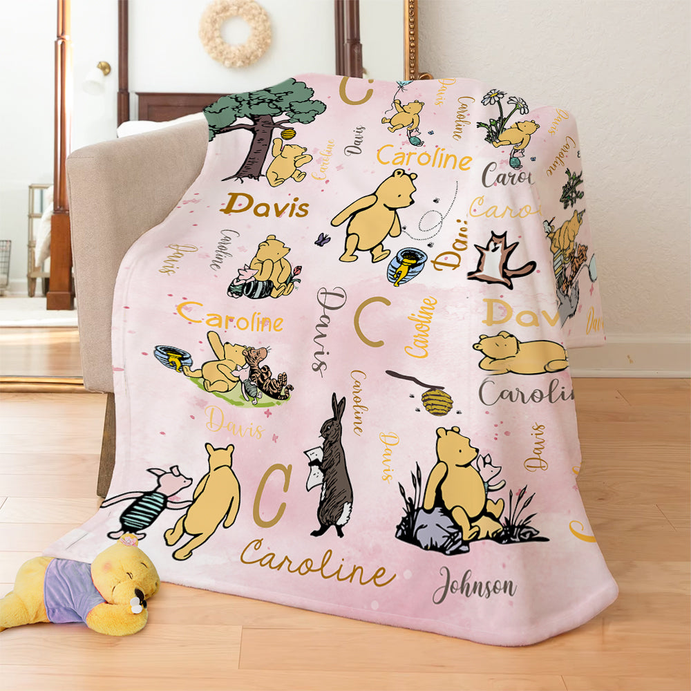 Personalized Classic Winnie the Pooh and Friends Soft Throw Blanket with Initial Name Nursery Decor Birthday Baby Shower Gift for Kids Newborns