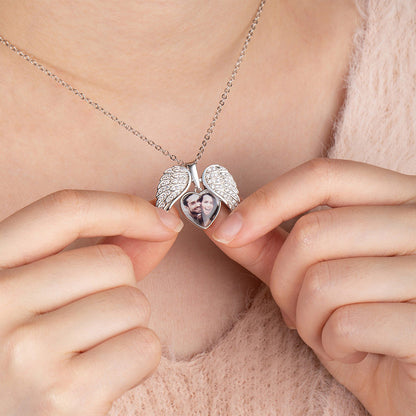 My Guardian Angel Always Close to My Heart - Personalized Sterling Silver Angel Wing Photo Locket Necklace
