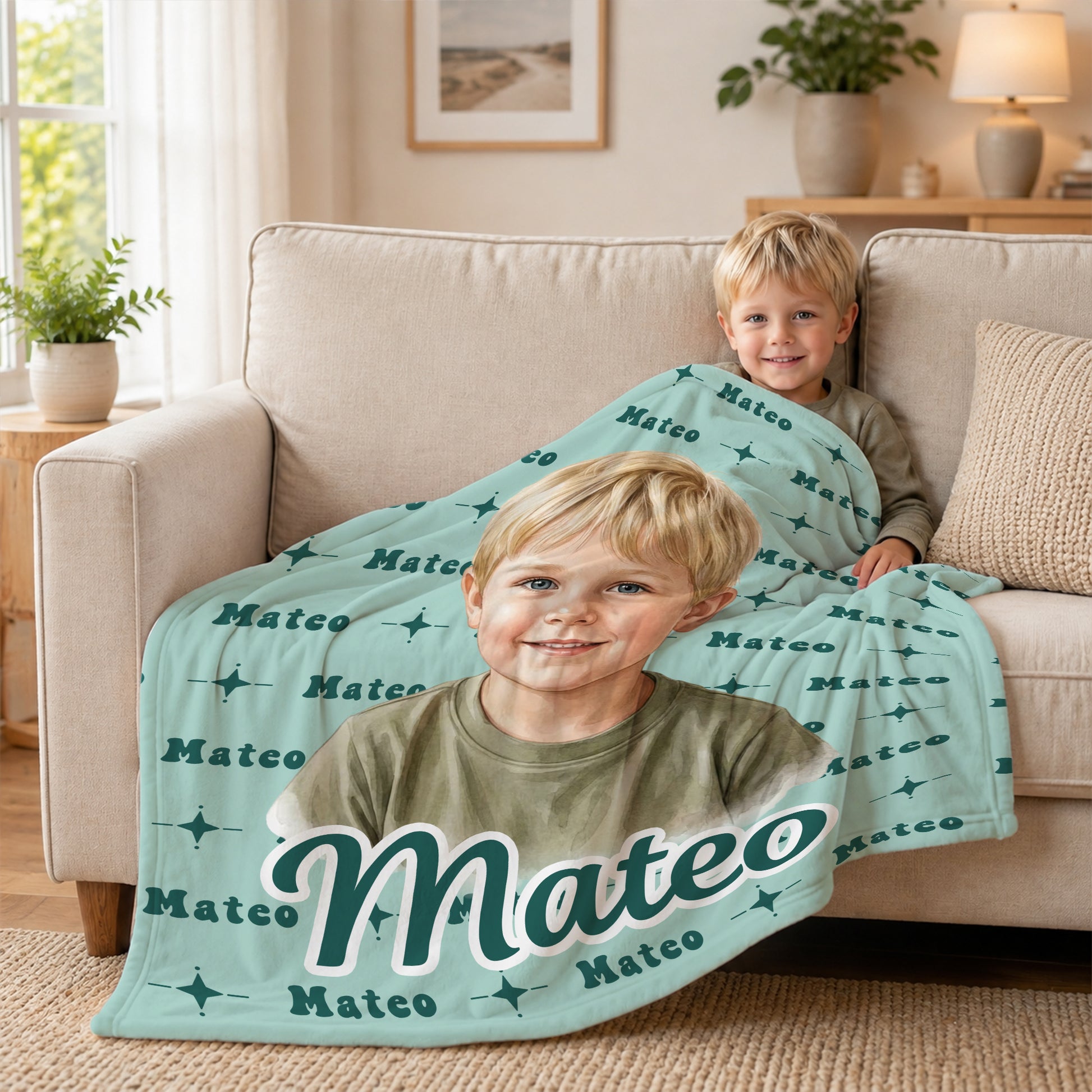 Personalized Watercolor Style Photo Soft Throw Blanket with Name Anniversary Birthday Gift for Kid