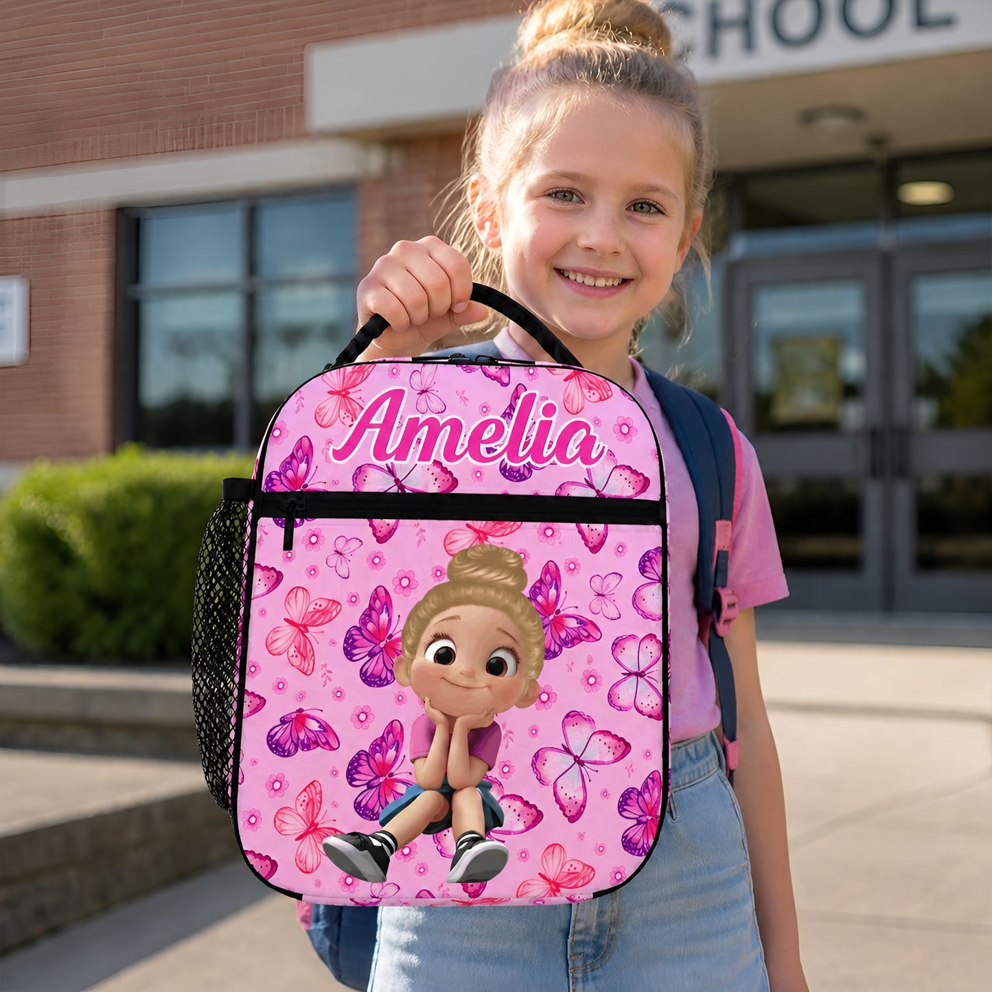 Personalized Q-Version Cartoon Kid Character Insulated Lunch Bag with Name Daily Travel Back to School Birthday Gift for Kids Students