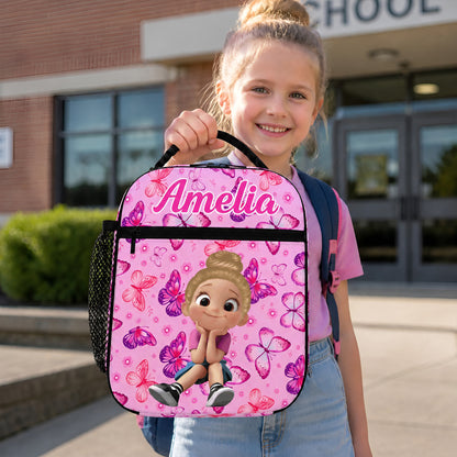 Personalized Q-Version Cartoon Kid Character Insulated Lunch Bag with Name Daily Travel Back to School Birthday Gift for Kids Students