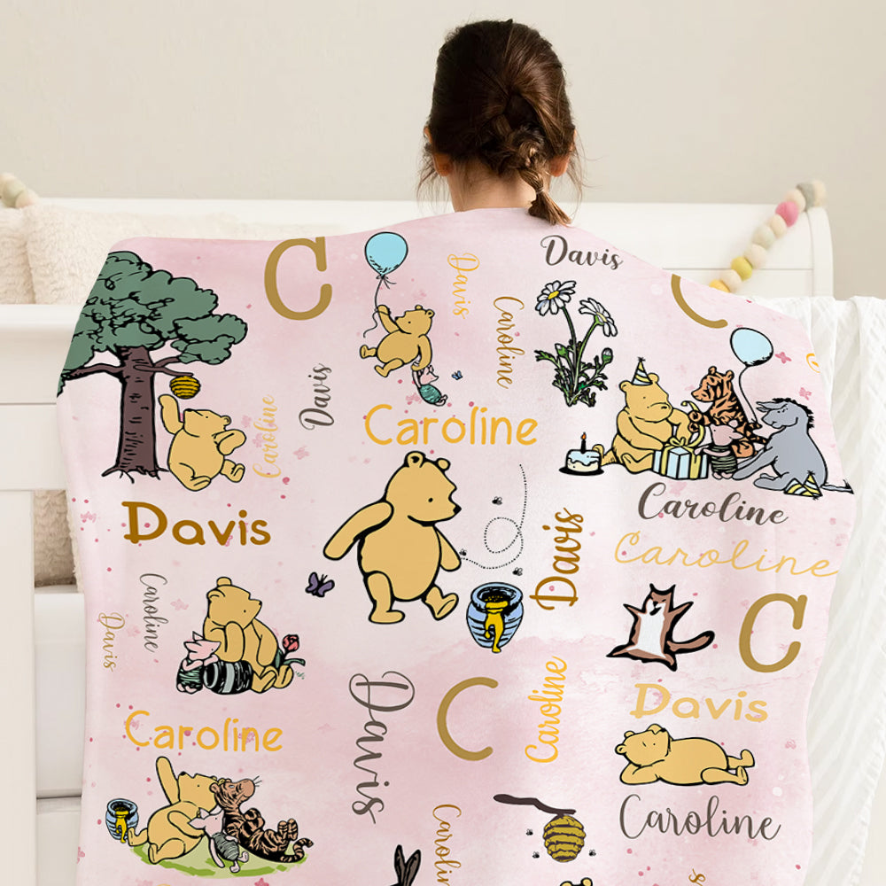 Personalized Classic Winnie the Pooh and Friends Soft Throw Blanket with Initial Name Nursery Decor Birthday Baby Shower Gift for Kids Newborns