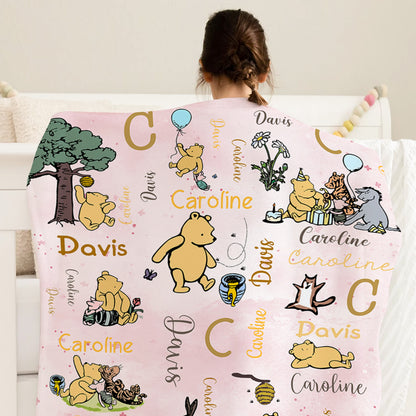Personalized Classic Winnie the Pooh and Friends Soft Throw Blanket with Initial Name Nursery Decor Birthday Baby Shower Gift for Kids Newborns