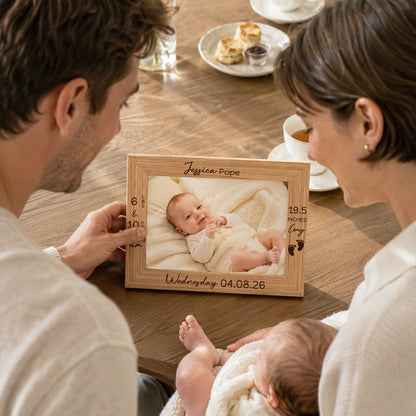 Personalized Engraved Footprint Wooden Photo Frame with Photo Name and Birth Information Home Decor Baby Shower Gift for New Parents Newborns