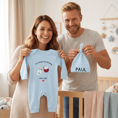 Personalized I'd Rather Be Drinking 100% Cotton Long-Sleeve Baby Romper Hat Set with Name Funny Baby Shower First Birthday Gift for Baby Newborn